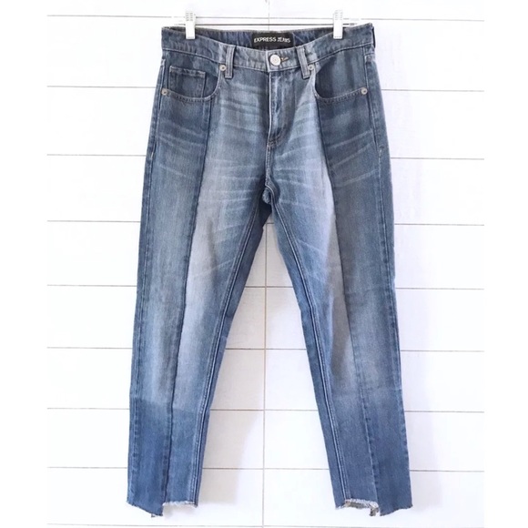 Express Blue Two Tone Raw Denim Girlfriend Jeans - Picture 2 of 8